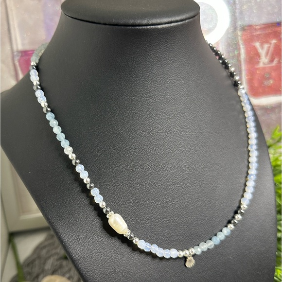 Natural Aquamarine, Opal, Natural Pearl Nacklace - Picture 3 of 4
